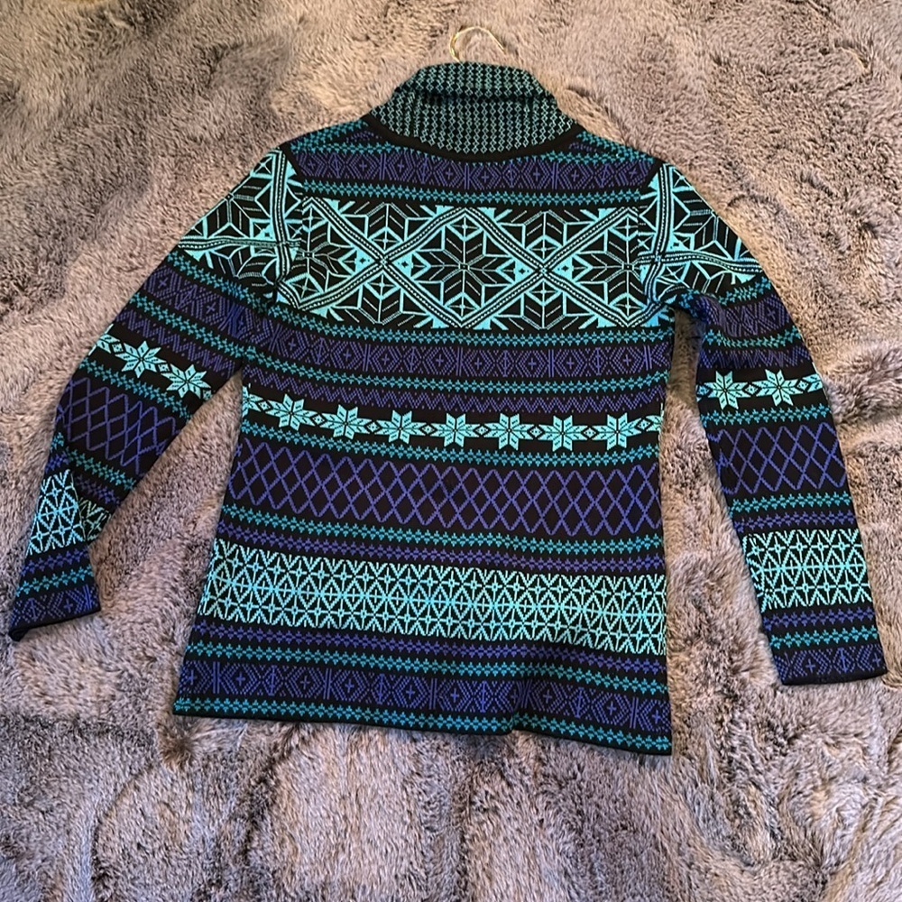 Obermeyer Fair Isle Wool Blend Blue and Black Sweater with Metal Buckles M - Picture 4 of 10